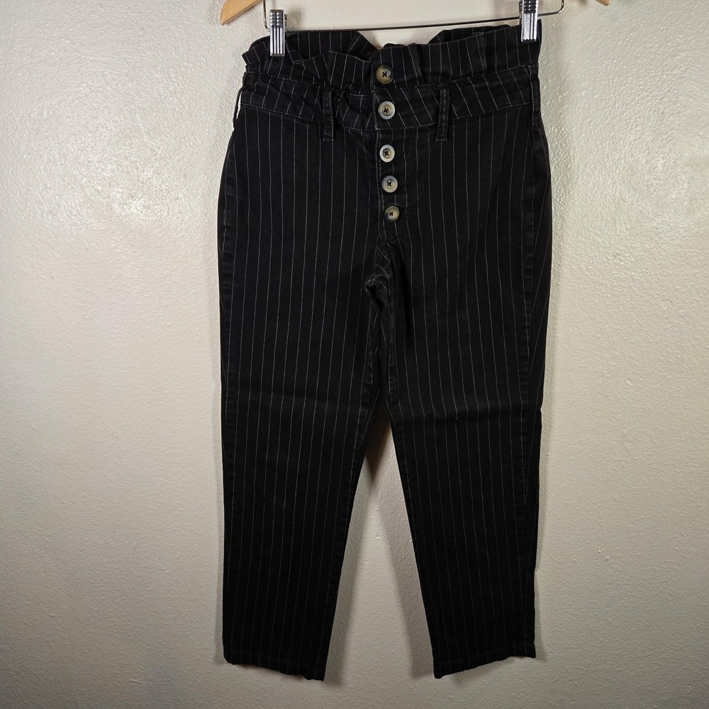 Free‎ People Pants Womens 0 Black Pinstripe Paperbag Waist Button Tapered Crop